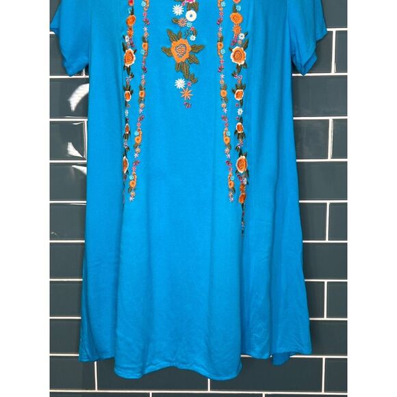 UMGEE BRIGHT TURQUOISE BLUE SHORT SLEEVE EMBROIDERED FLOWY BOHO A-LINE DRESS M - Picture 2 of 9